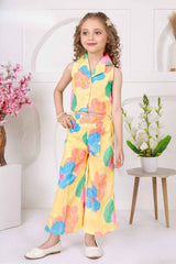 Trendy Lemon Yellow Floral Printed Sleeveless Jacket And Pant Co Ord Set For Girls