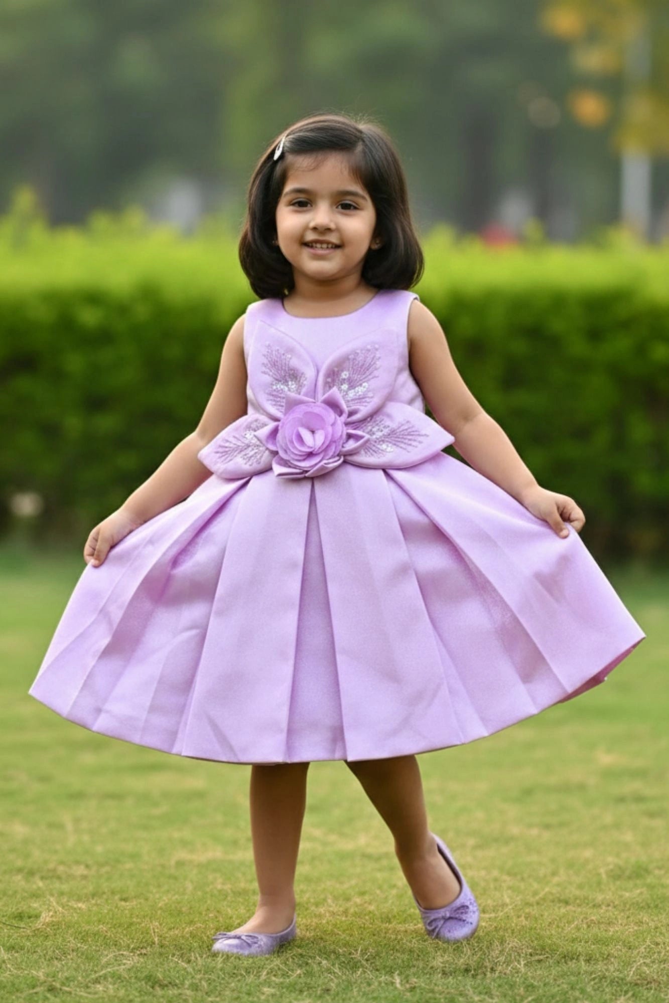 Lavender 3D Floral Appliqué With Embroidery Party Wear Frock For Girls