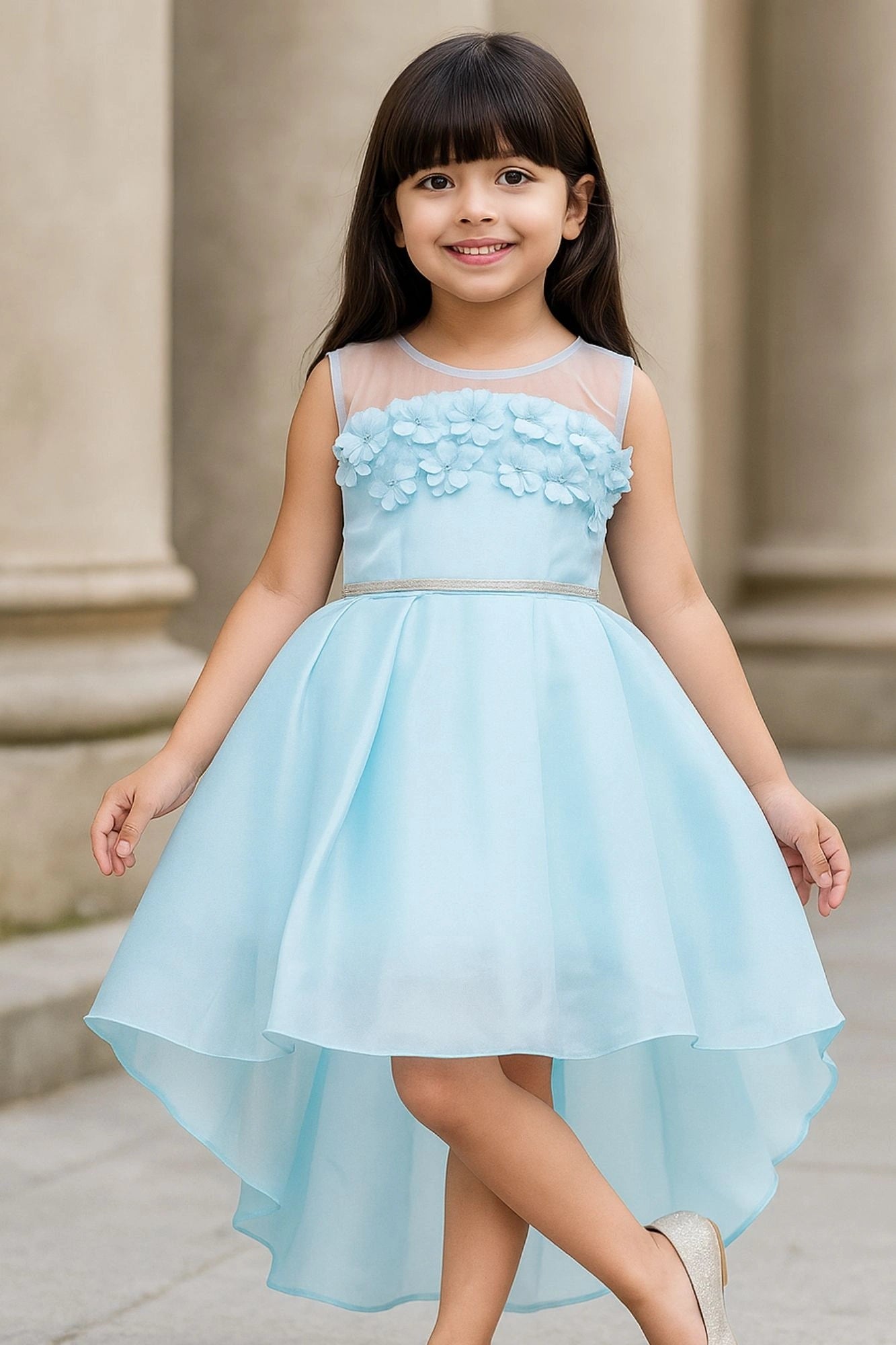 Elegant Sky Blue Embellished High-Low Party Wear Frock with Floral Bodice For Girls