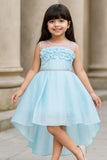 Elegant Sky Blue Embellished High-Low Party Wear Frock with Floral Bodice For Girls