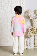 Stylish Boys Pastel Pink With Multicolor Floral Printed Kurta Set for Festive Wear