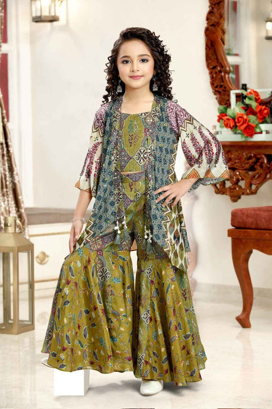 Mehendi Green Printed Sharara Set With Overcoat For Girls