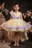 Girls Pastel Yellow and Lavender High Low Party Dress with Sequin