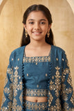 Blue  Geometric Diamond Embroidered Crop Top with Jacket and Palazzo Set