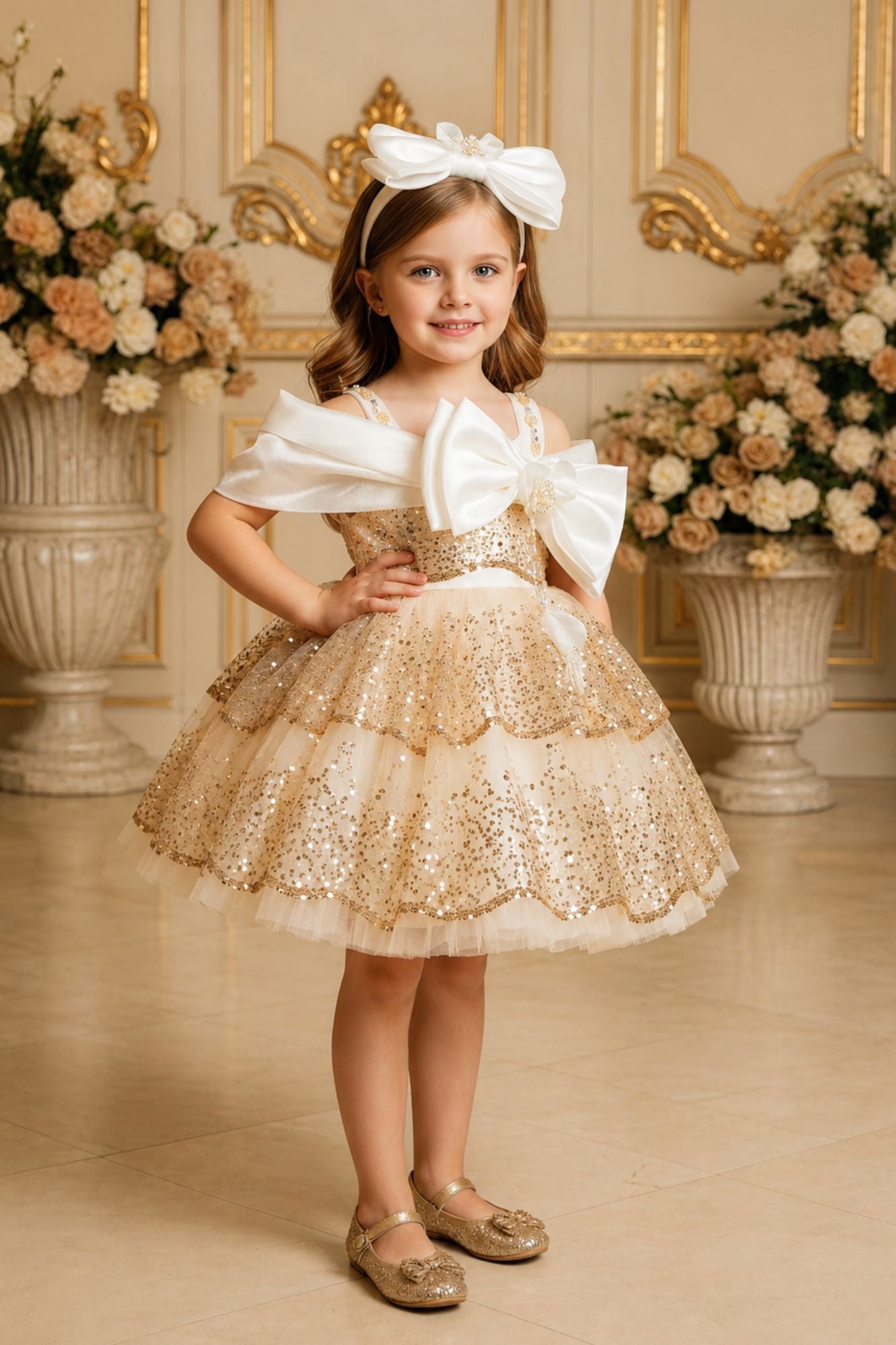 Girls Golden  Sequin Bow Party Wear Frock