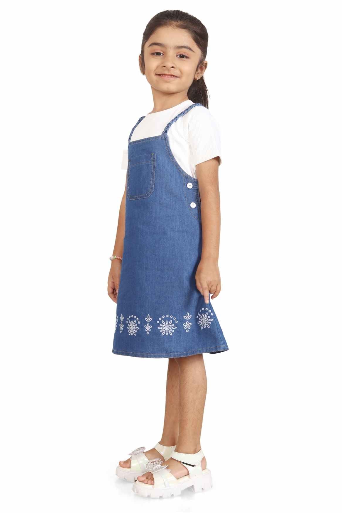 Blue Denim Stylish Dungaree With Floral Embroidery And White T-Shirt Set For Girls