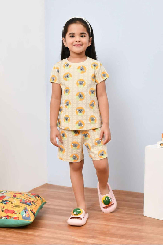 Soft & Stylish Beige Checked And Cute Koala Printed Night Suit Set for Girls