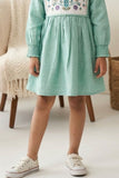 Sea Green Cotton Dress with Multicolor Floral Embroidered Yoke For Girls