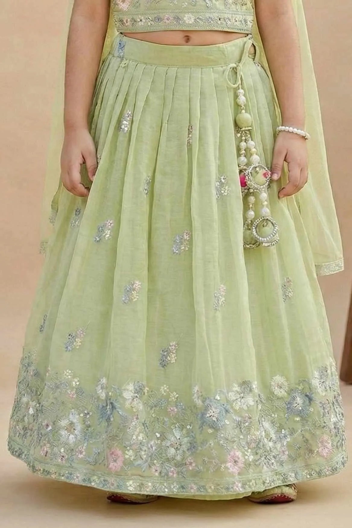 Pista Green Floral Embroidered Lehenga Choli with Dupatta For Girls
