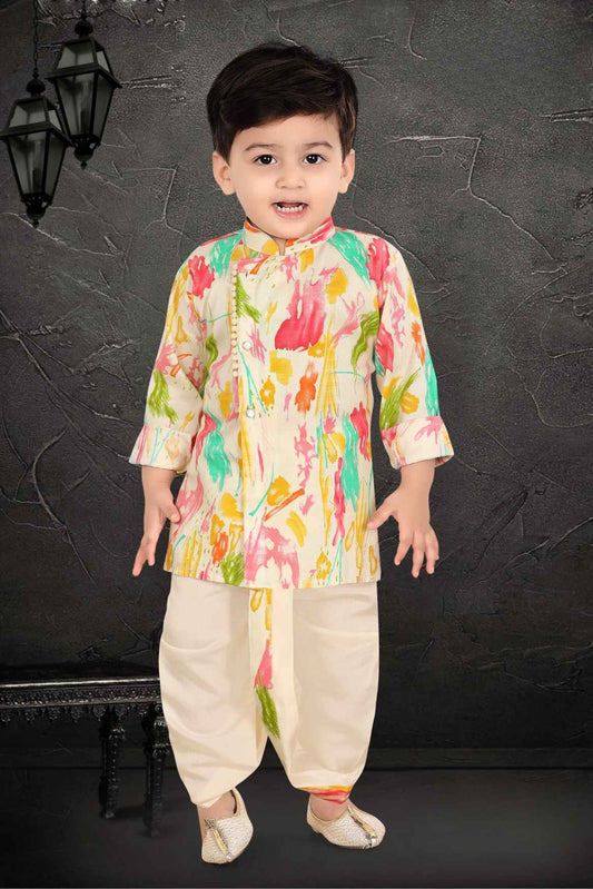 Multicolor Printed Full Sleeves Kurta With Cream Dhoti Set For Boys