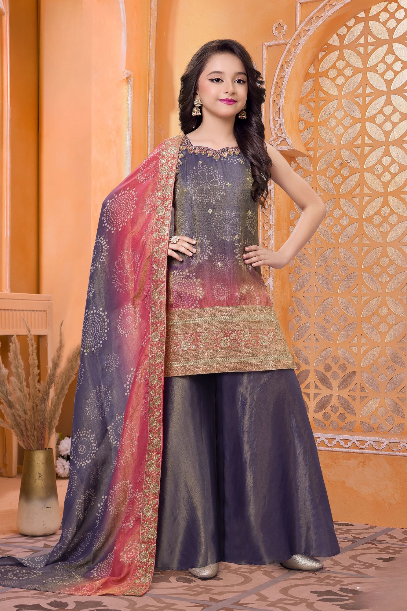 Girls Lavender Ombre Kurti Palazzo Set With Dupatta