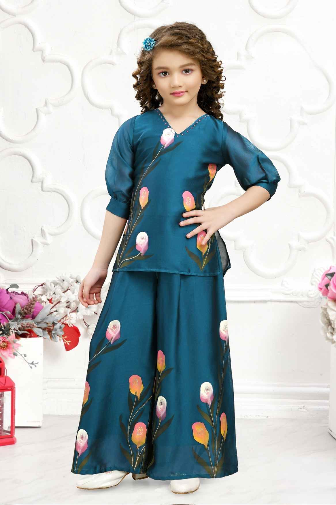 Blue Satin Printed Puffed Sleeves Palazzo Set For Girls