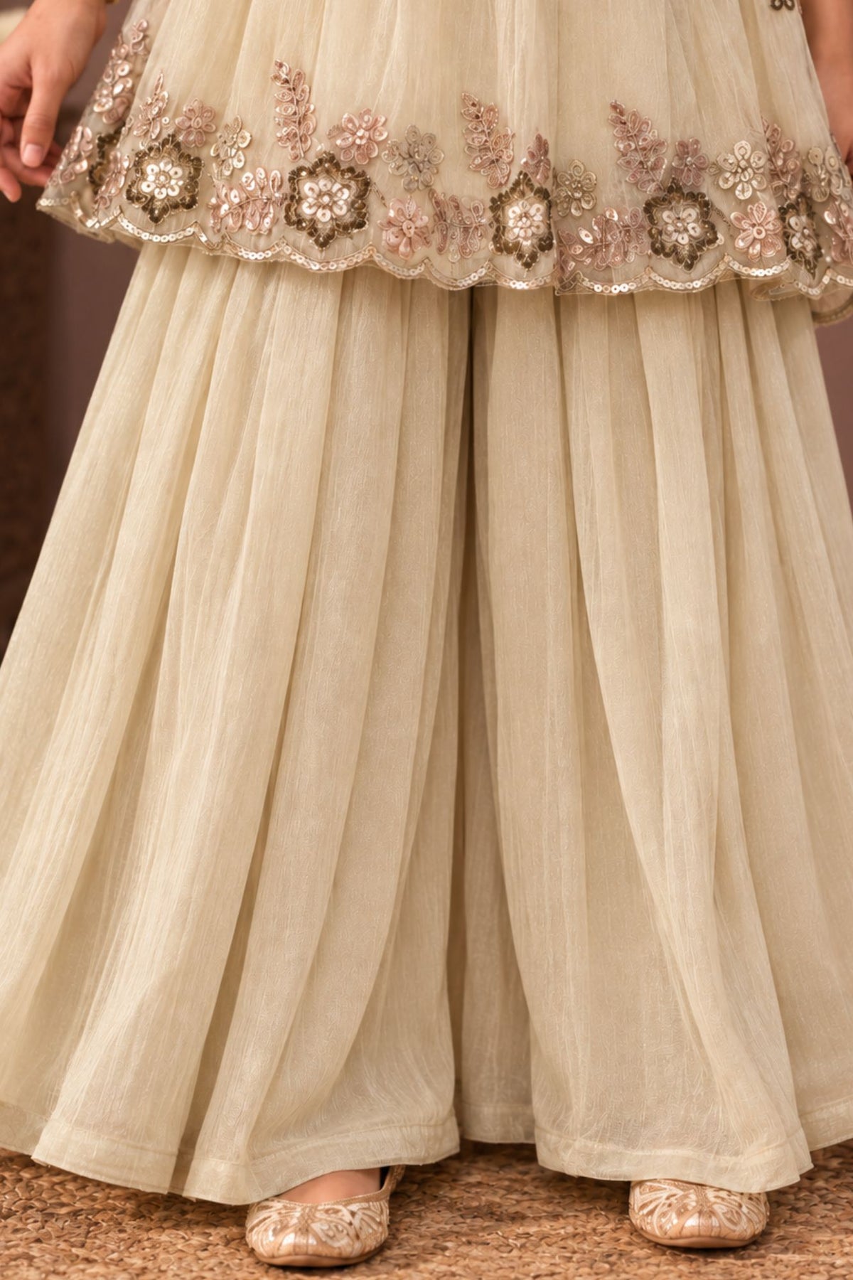 Girls Cream Floral Sequin Embellished Palazzo Set With Dupatta