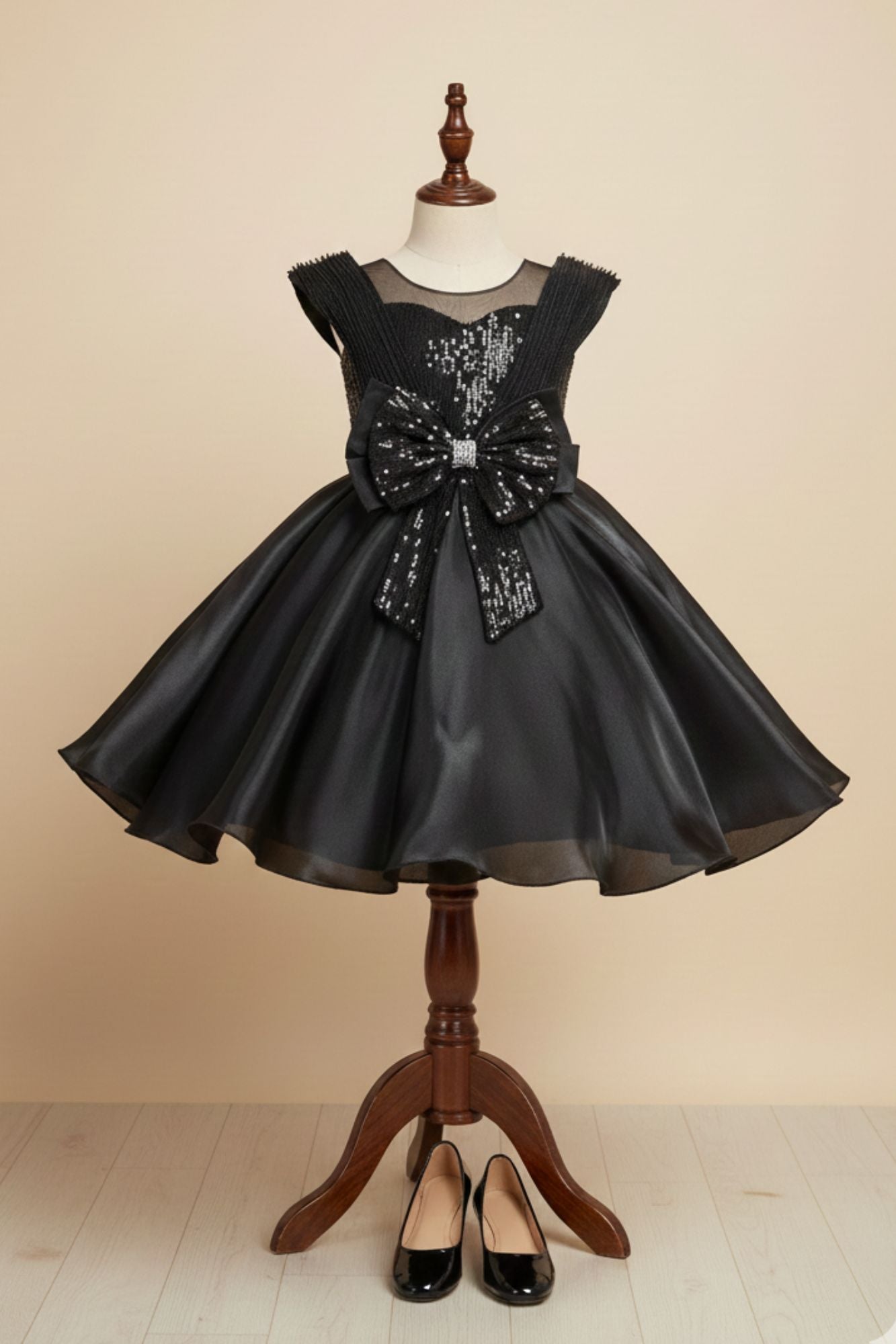 Black Embellished Party Wear Frock with Structured Shoulder Straps For Girls