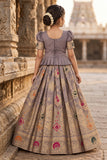 Grey Zari Woven Pattu Pavadai Set With  Puff Sleeves For Girls