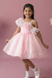 Pink One-Shoulder Party Frock with 3D Floral Bow For Girls