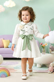 Girls White Dress with Sage Green Bow