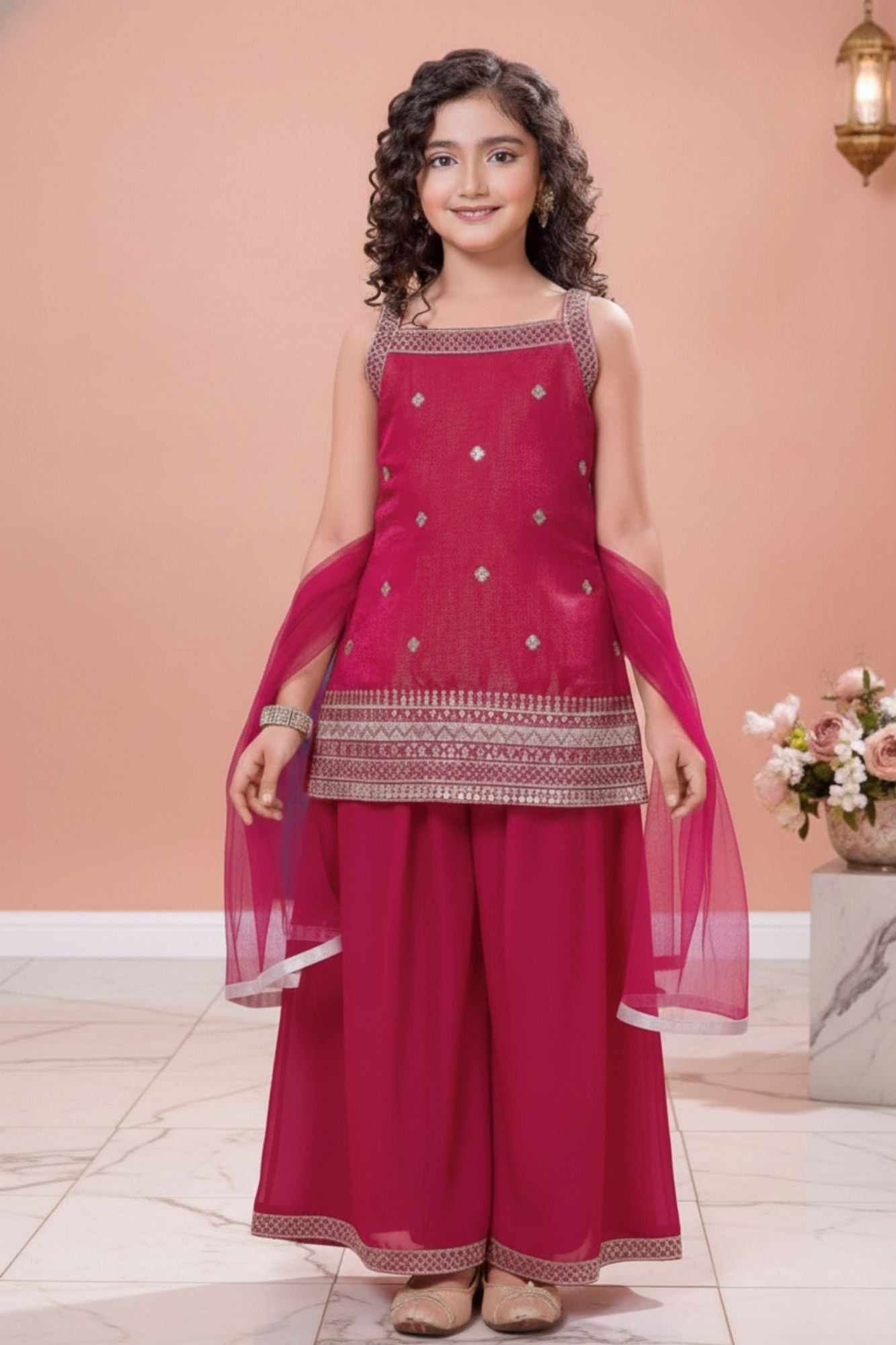 Rani Pink Embroidered Kurti And Palazzo Set for Girls