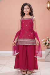 Rani Pink Embroidered Kurti And Palazzo Set for Girls