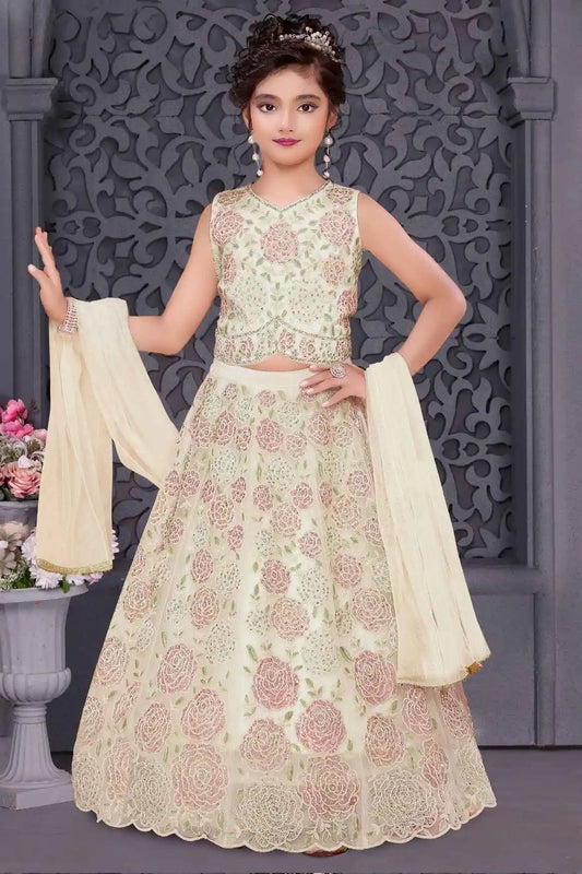Cream Floral Embroidered Lehenga Choli Set With Dupatta For Girls
