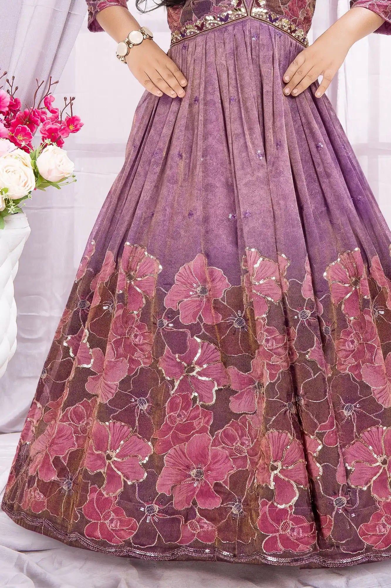 Purple Floral Embroidered Ethnic gown For Girls