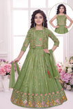 Pista Green Heavy Embroidered Lehenga Choli Set With Jacket for Girls
