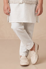 Boys Elegant Ivory Bird Kurta Set With Nehru Jacket