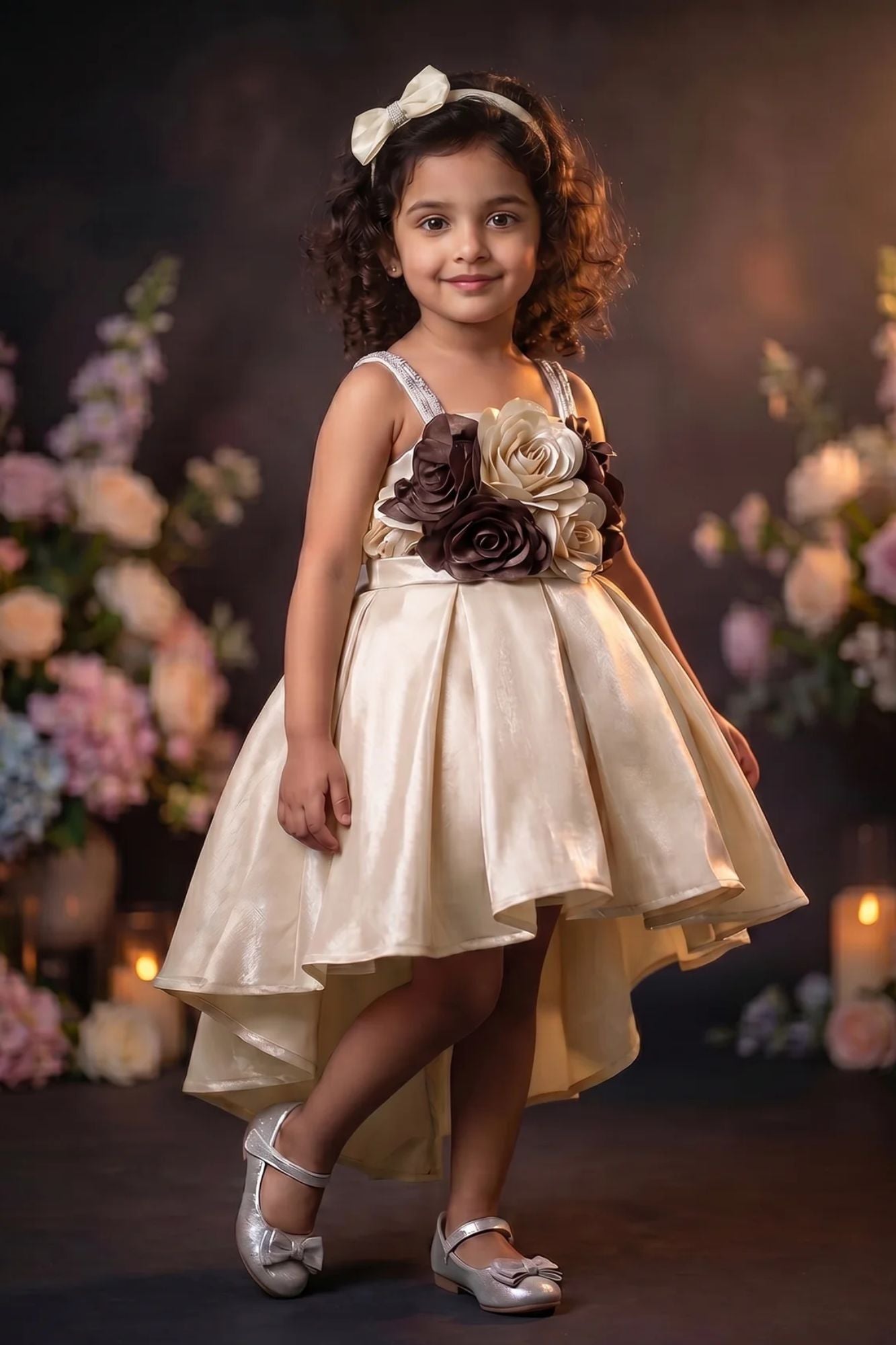 Girls Fawn High Low Party Wear Frock with 3D Floral Applique