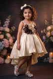 Girls Fawn High Low Party Wear Frock with 3D Floral Applique