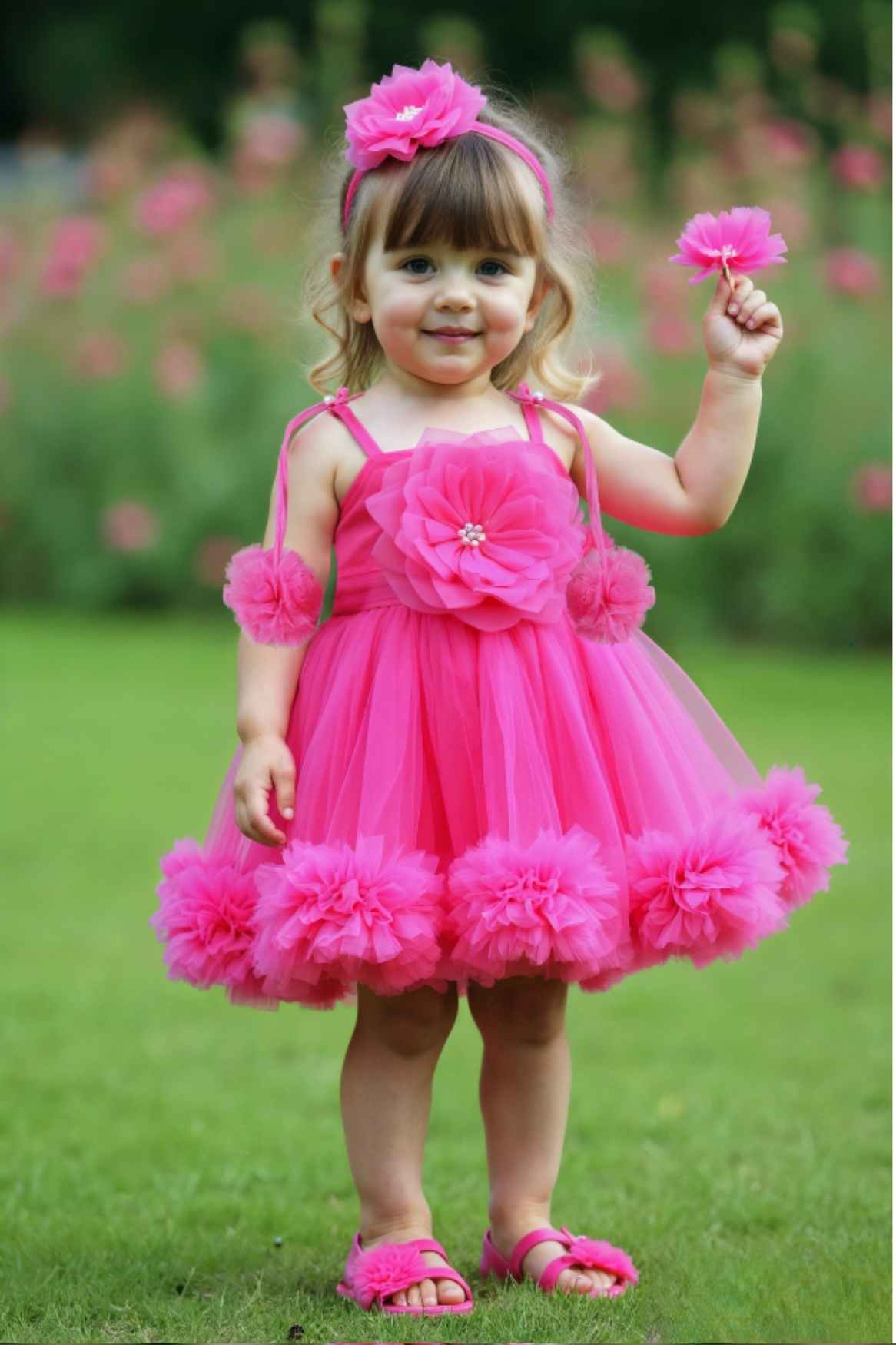 Rani Pink Ruffled Frock With Floral Embellished For Girls