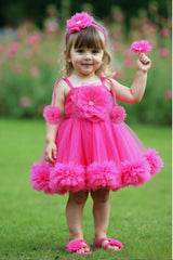 Rani Pink Ruffled Frock With Floral Embellished For Girls
