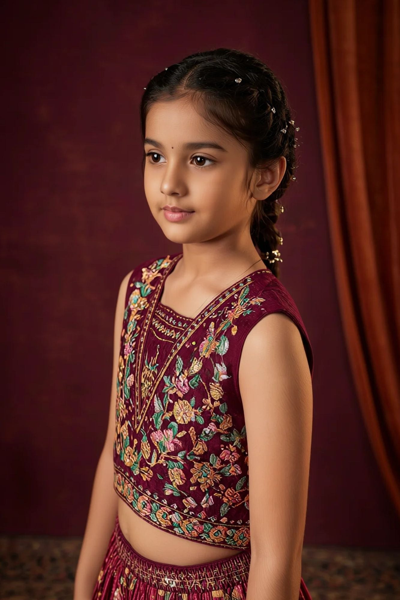 Girls Wine Floral Embroidered Lehenga Choli Set with Traditional Ethnic Detailing