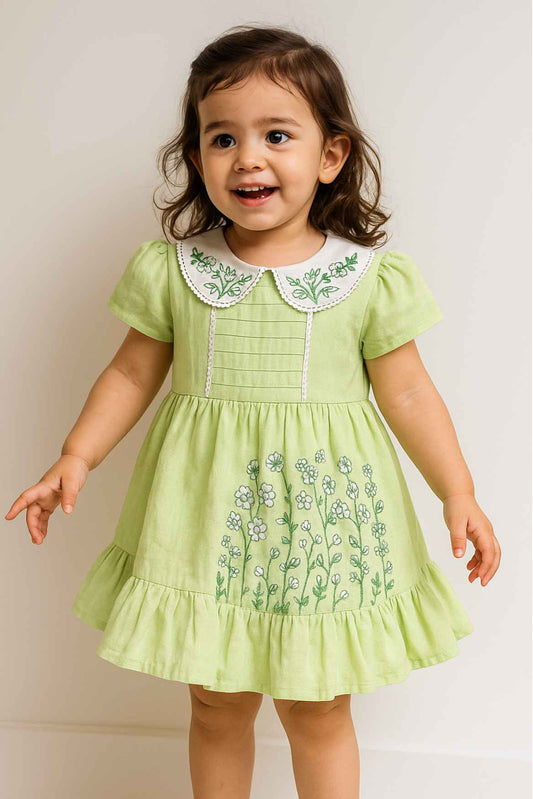 Green Embroidered Frock With Peter Pan Collar & Ruffled Hem For Girls
