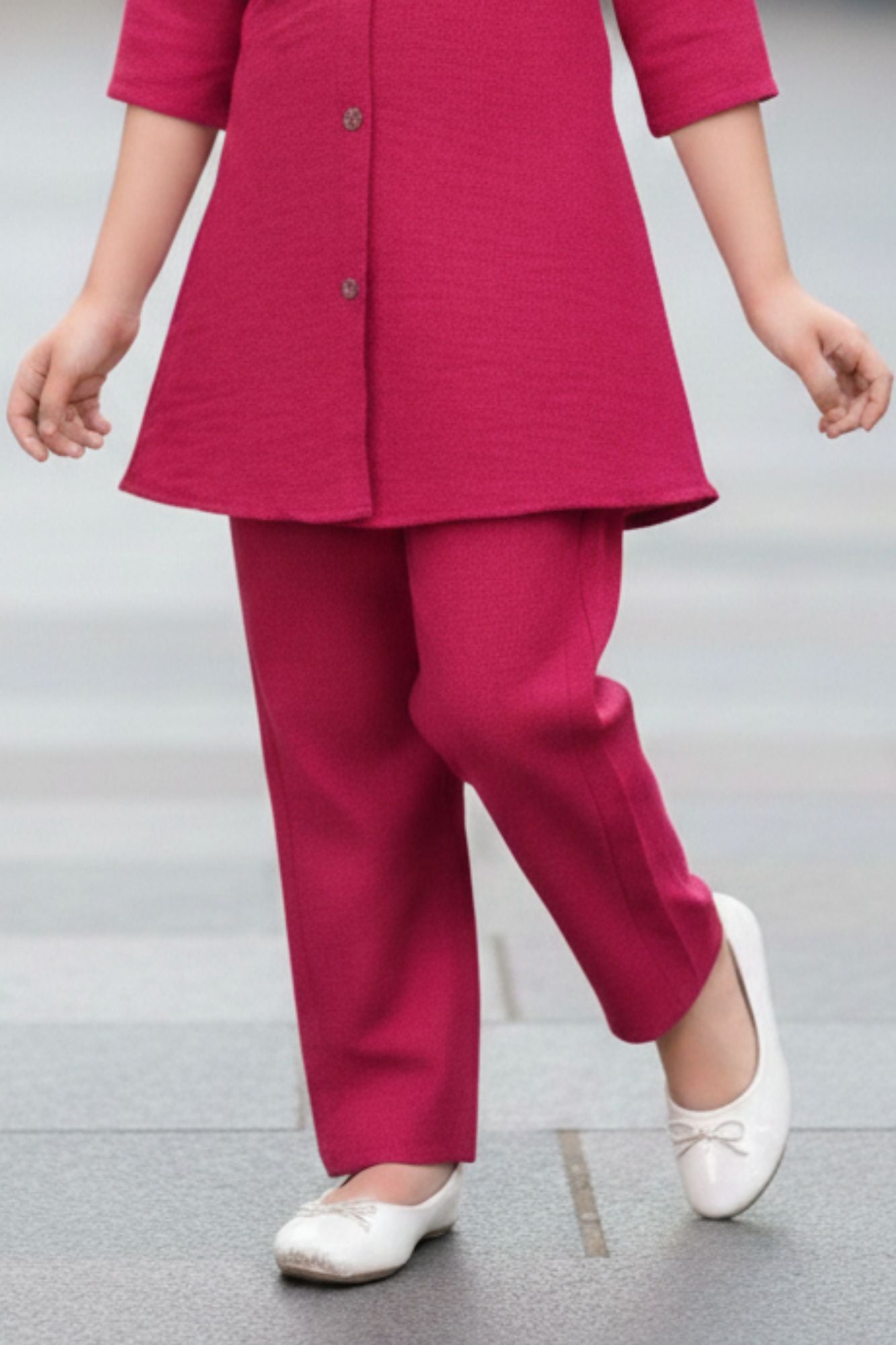 Pink Casual Top With Matching Straight Pant Set For Girls