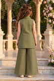 Olive & White Floral Embroidered Sleeveless Co-ord Set For Girls