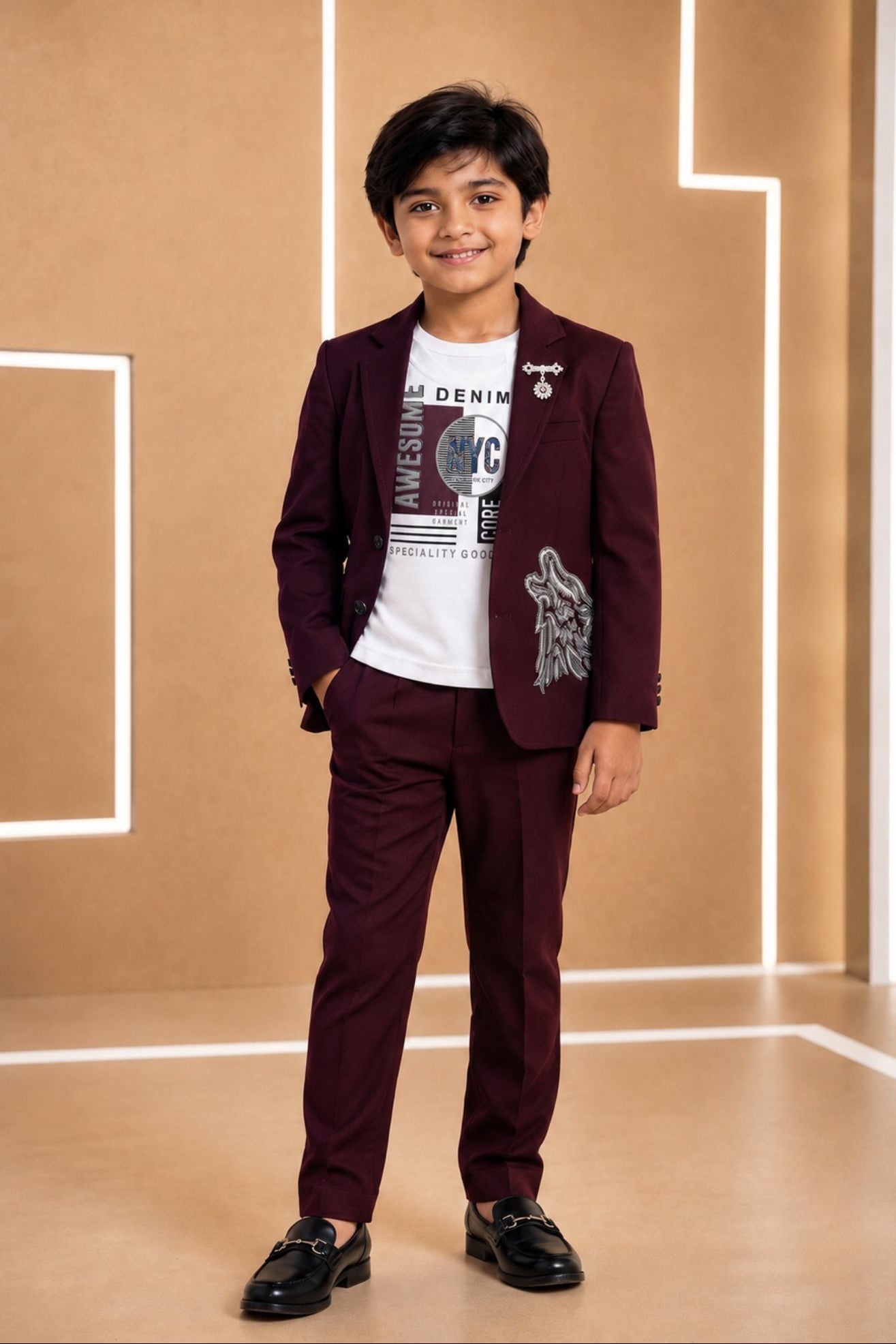 Wine Embroidered Party Wear Blazer with Tshirt