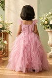 Girls Dusty Pink Floral Embellished Layered Net Party Wear Gown