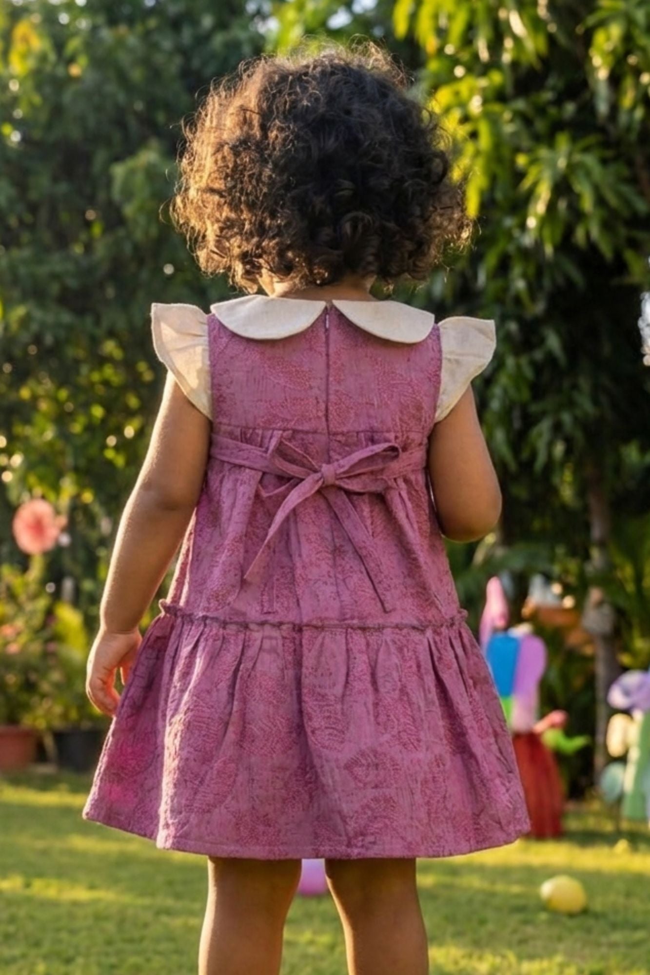 Adorable Girls Mauve Leaf Print Dress with Contrast Peter Pan Collar