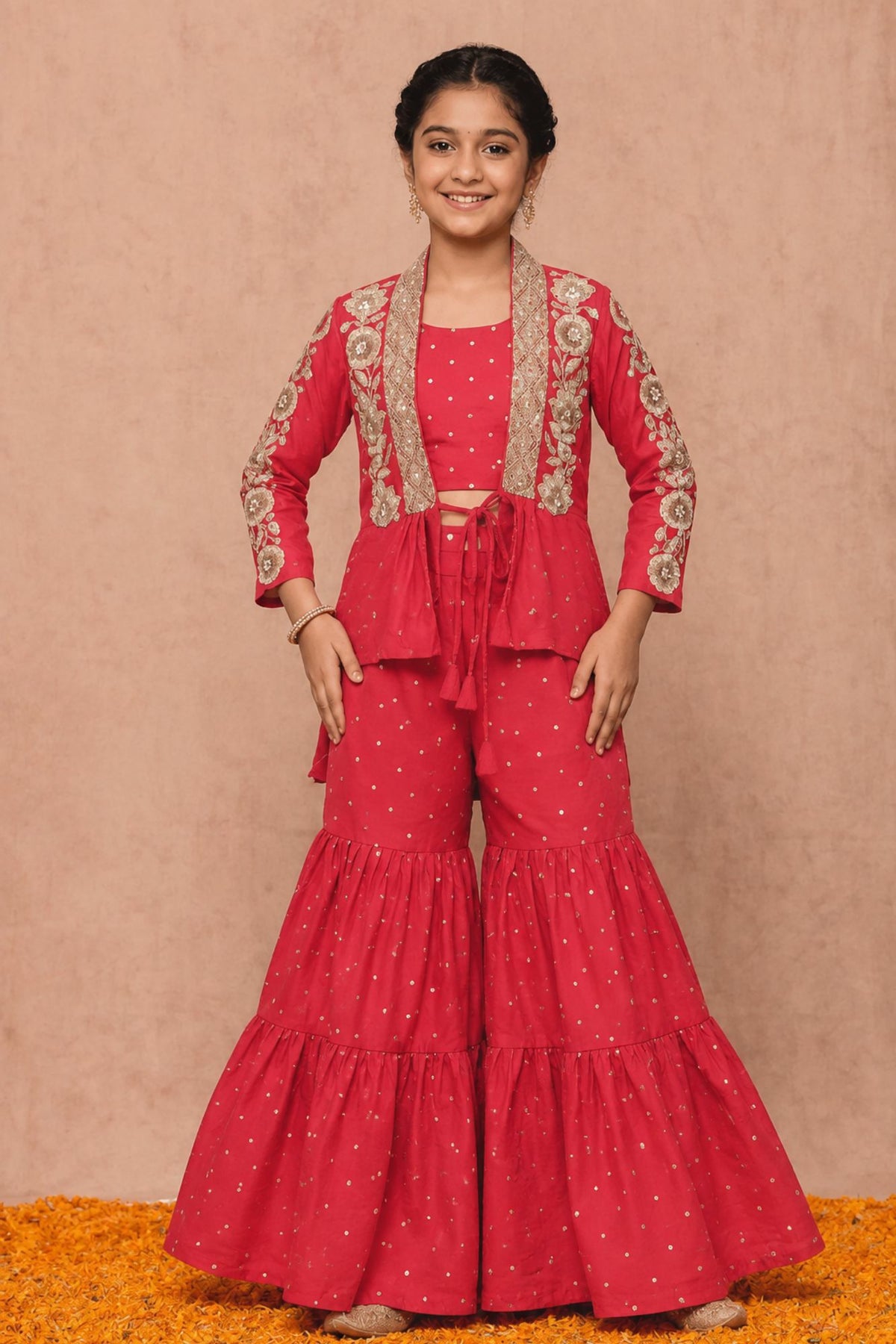 Coral Red And Gold Floral Embroidered Jacket With Embellished Sharara Set