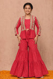 Coral Red And Gold Floral Embroidered Jacket With Embellished Sharara Set