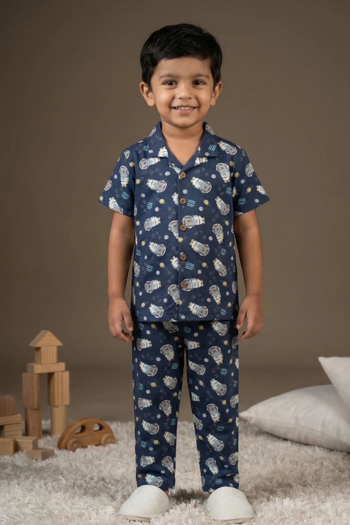 Navy Blue Space Astronaut Print Cotton Night Suit Set For Boys