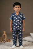 Navy Blue Space Astronaut Print Cotton Night Suit Set For Boys