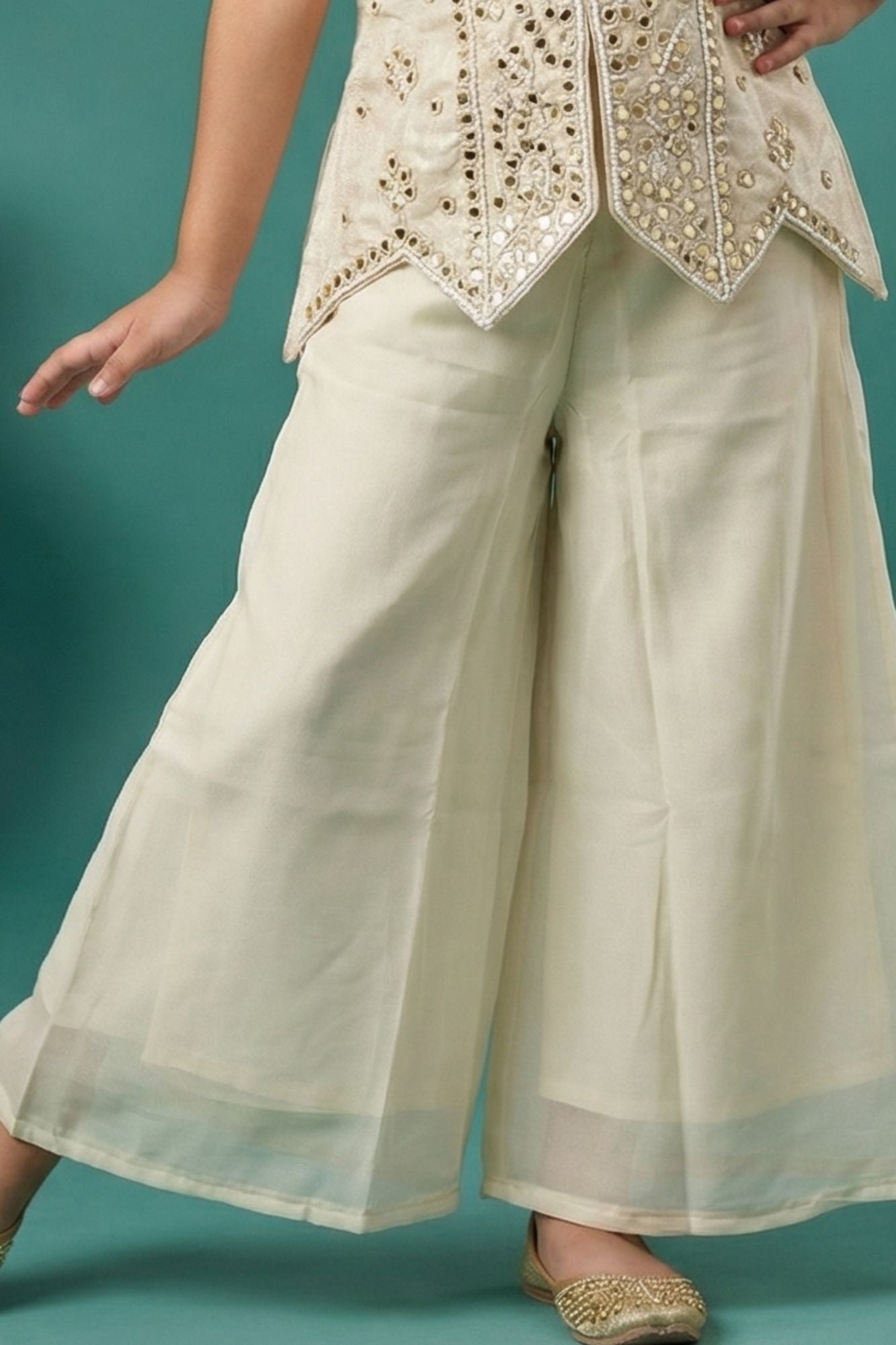 Girls Ivory Embellished Jacket-Style Top With Palazzo Set