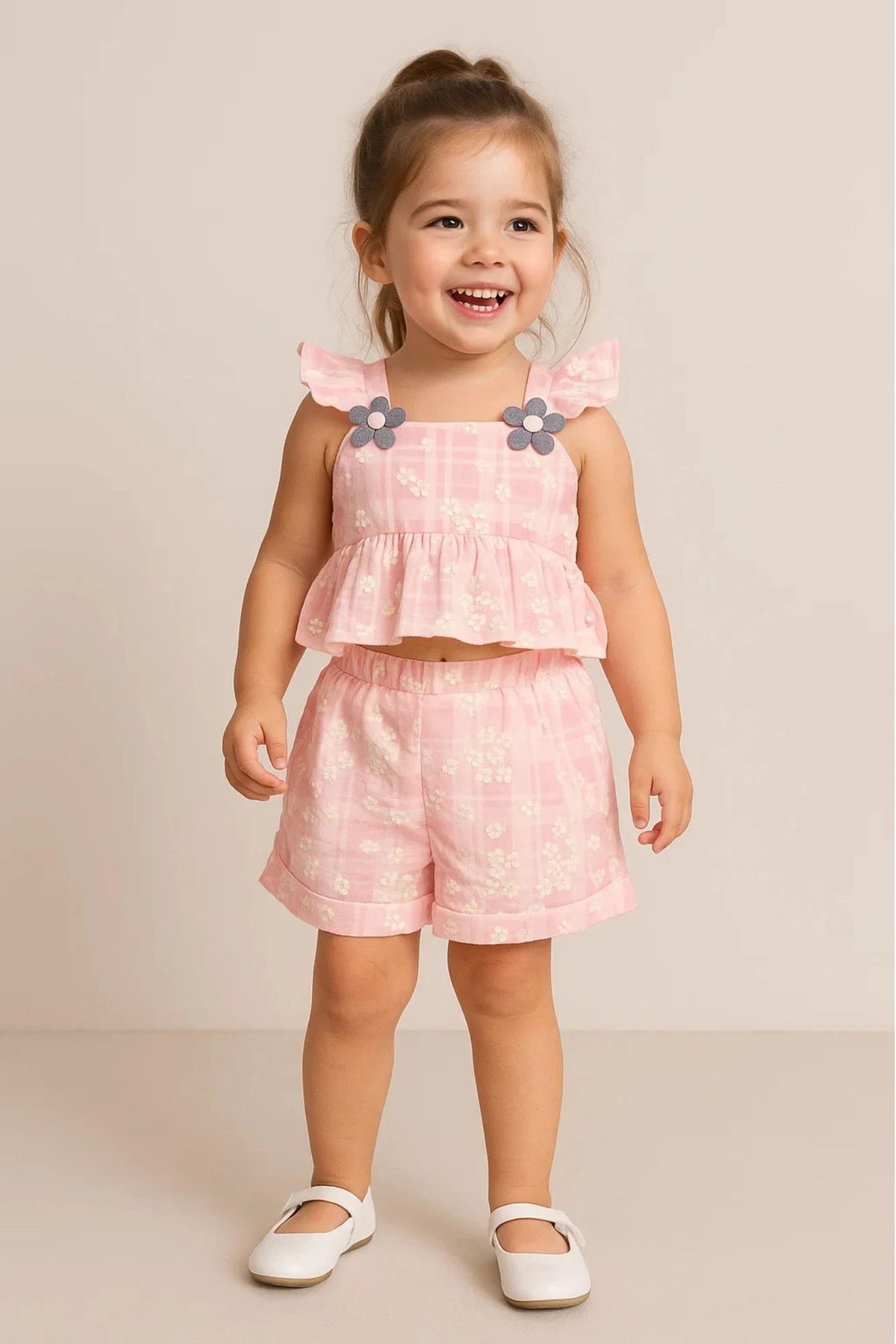 Daisy Bloom Pink Peplum Top & Shorts Co-ord Set for Girls