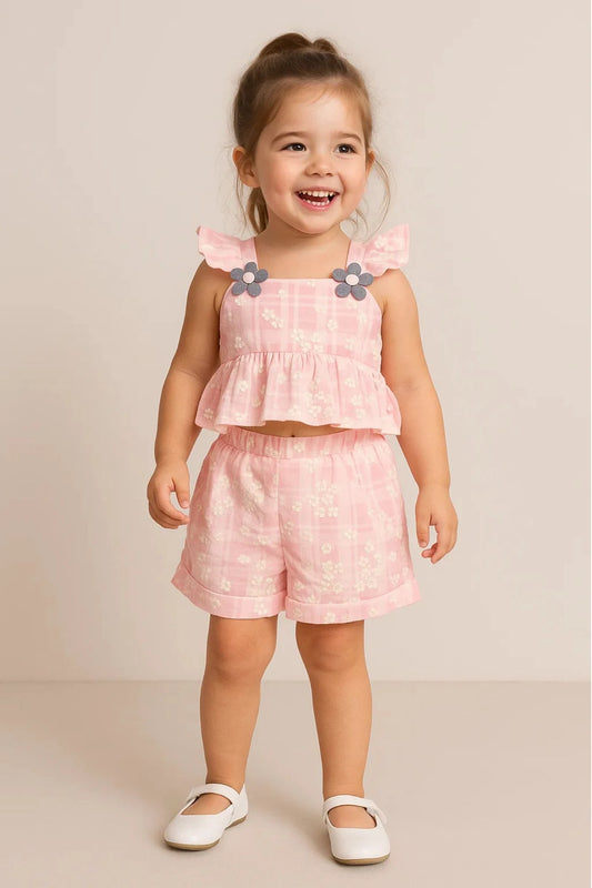 Daisy Bloom Pink Peplum Top & Shorts Co-ord Set for Girls