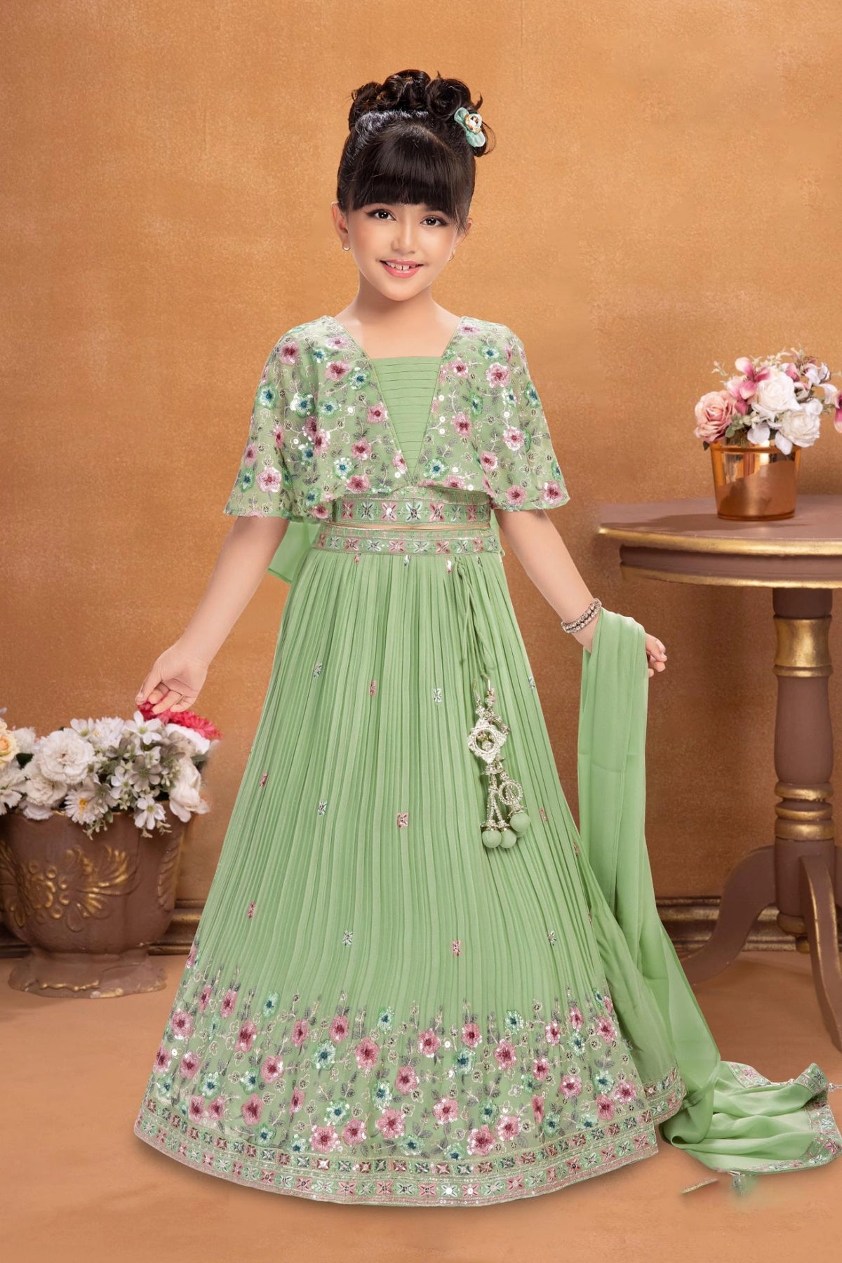 Pastel Green Embroidered Lehenga Choli with Dupatta For Girls
