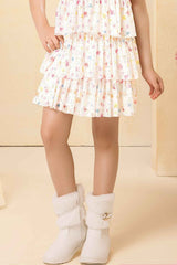 Cream Floral Printed Multi Tiered Ruffle Dress For Girls