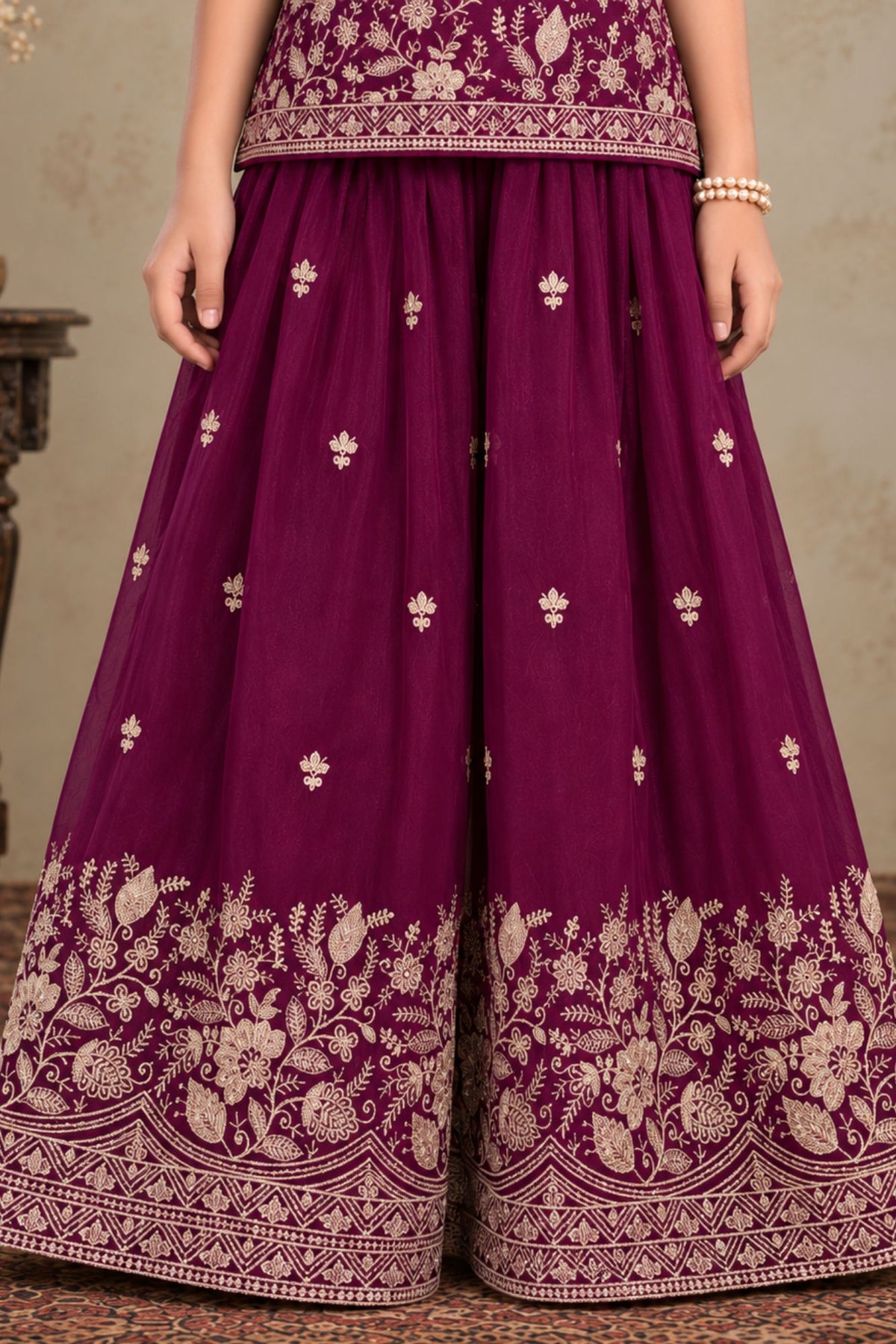 Girls Wine With Gold Zari Embroidered Palazzo Set with Dupatta