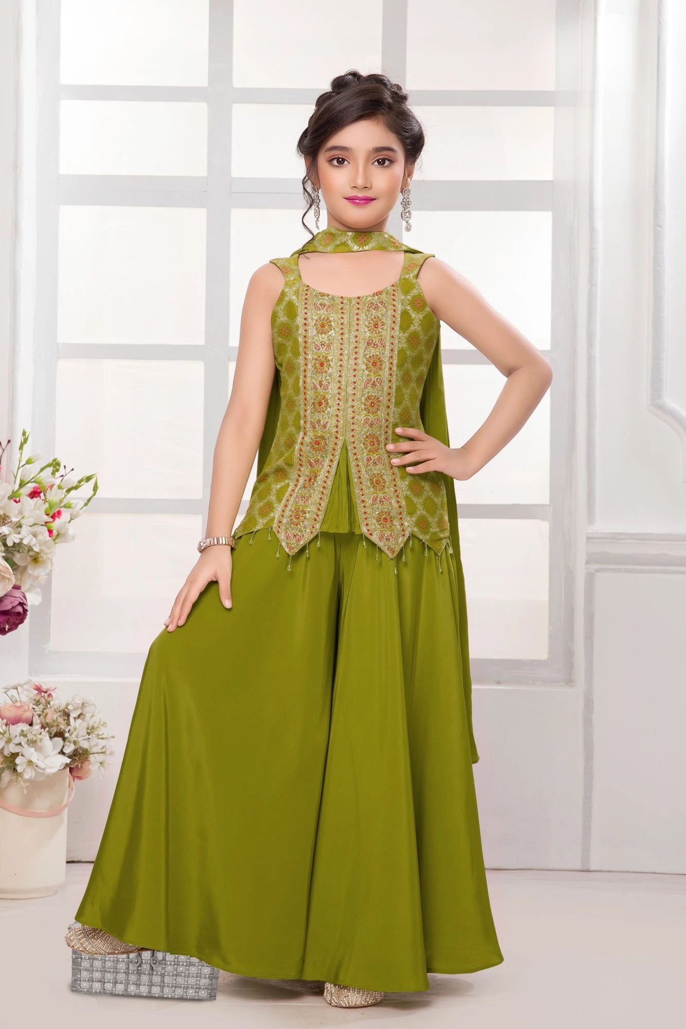 Olive Green Embroidered Palazzo Set with Dupatta Palazzo Set For Girls