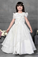 Designer Cream Satin Sequin And Floral Embellished Gown For Girls